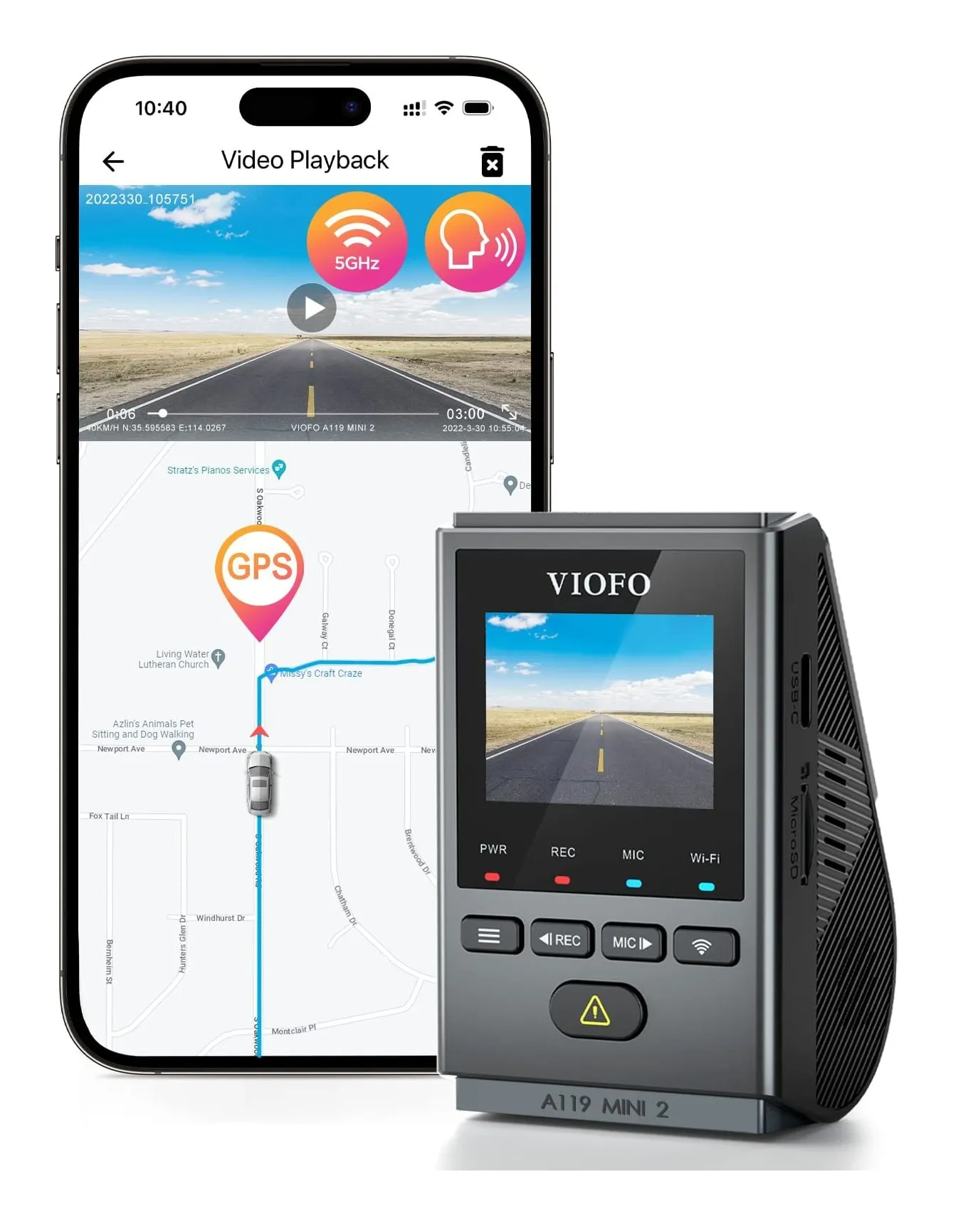 Viofo A119 Mini 2: a small black wedge-shaped dash cam with a 1.5-inch screen
