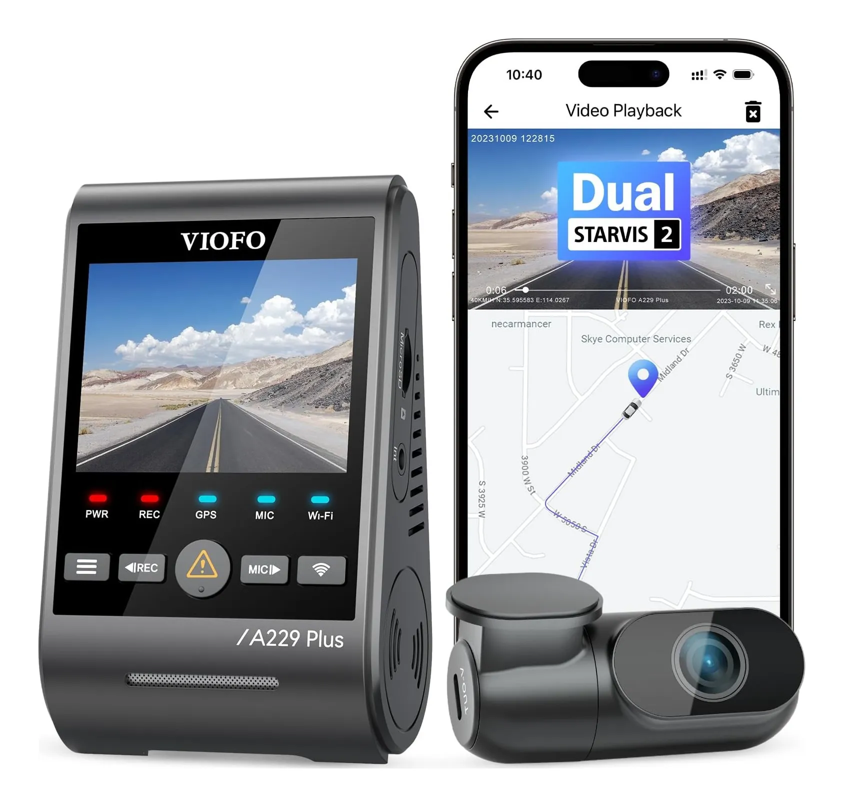 Viofo A229 Plus front dash cam in black with a 2.4-inch screen, beside its rear camera on a cable