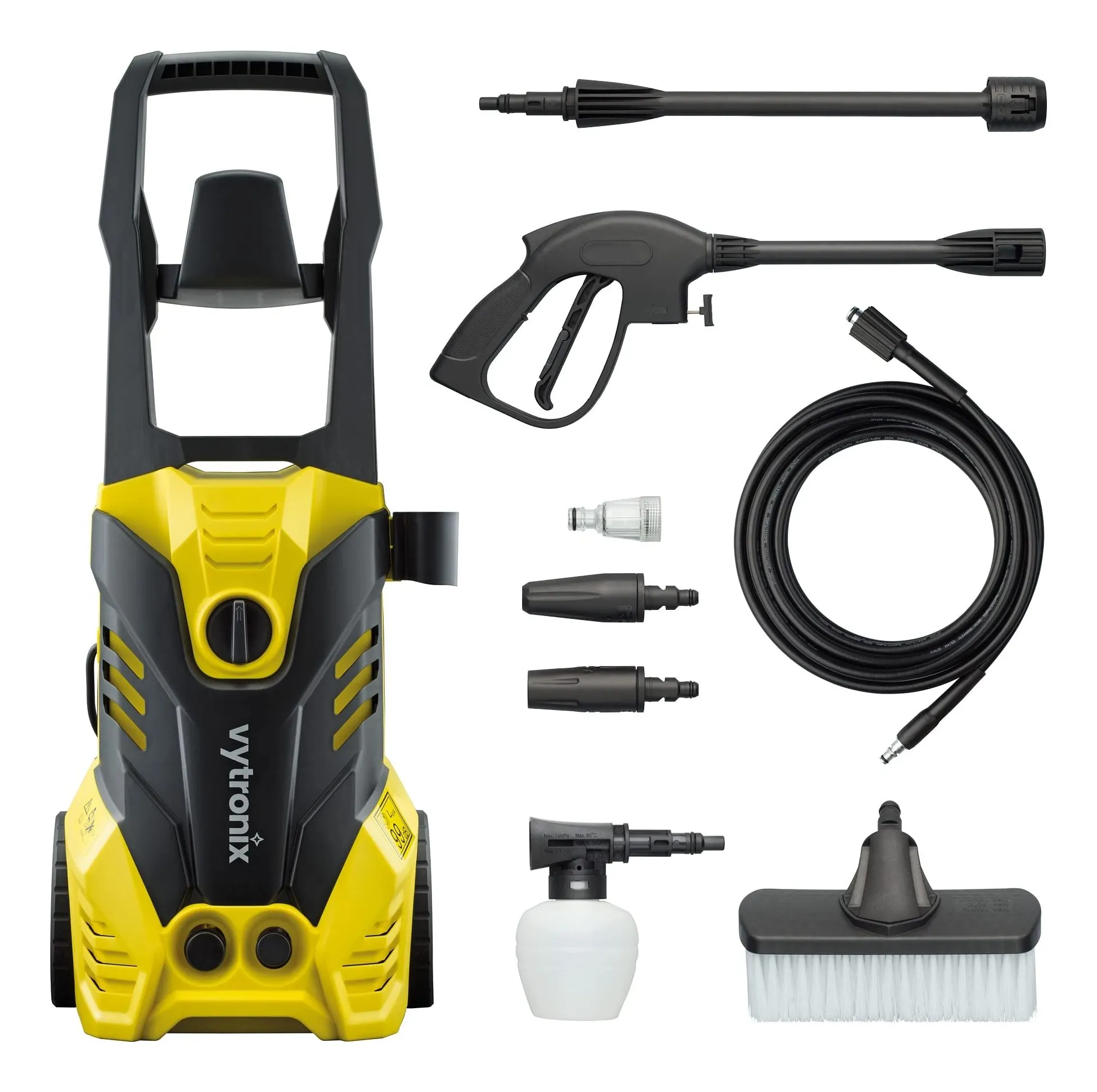 Vytronix JETW1800 pressure washer in yellow and black with a brush, lance and nozzles clipped on