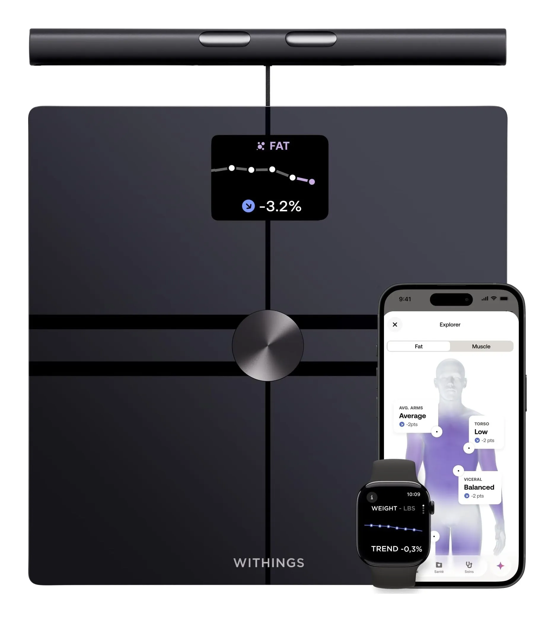 Withings BodyFit smart scale in black with a retractable handle holding the upper electrodes