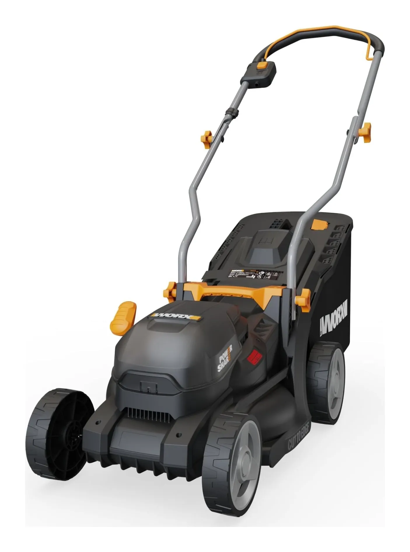 Worx WG733E cordless lawnmower in black and orange with a 20 V battery and grass bag