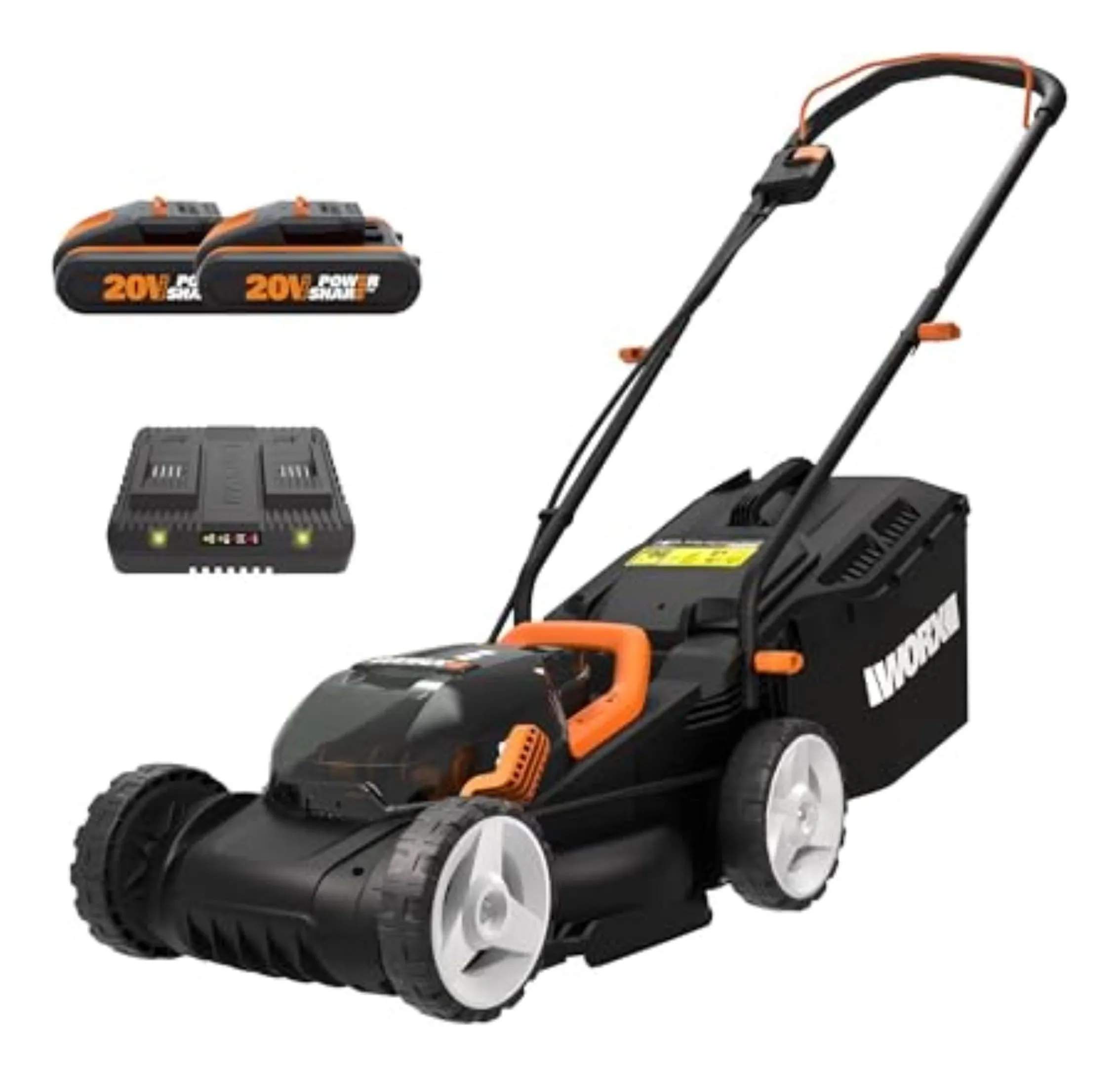 Worx WG779E.2 cordless lawnmower in black and orange with two 20 V batteries and a grass bag