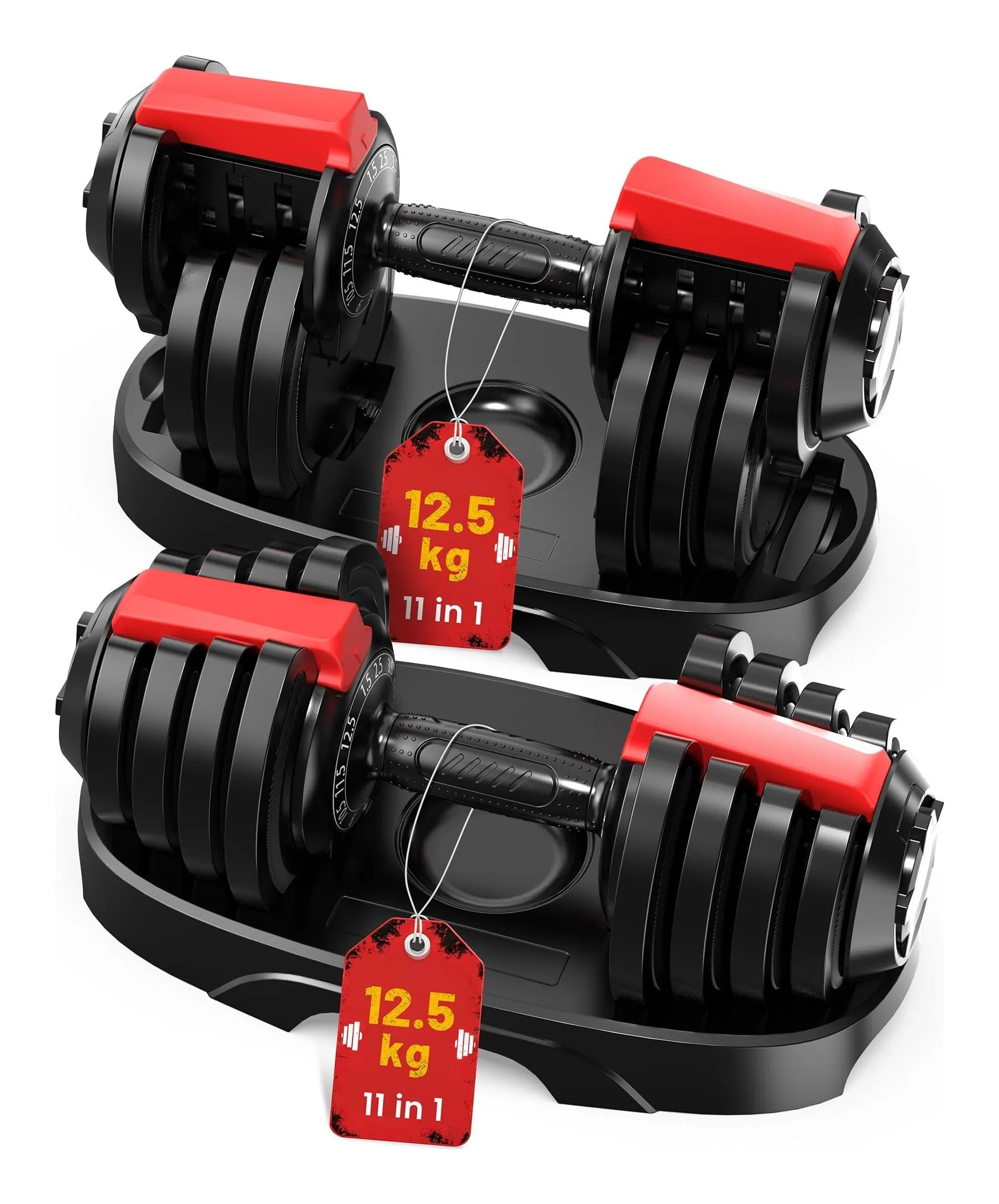 Yagud pair of adjustable dumbbells in red and black on their storage docks