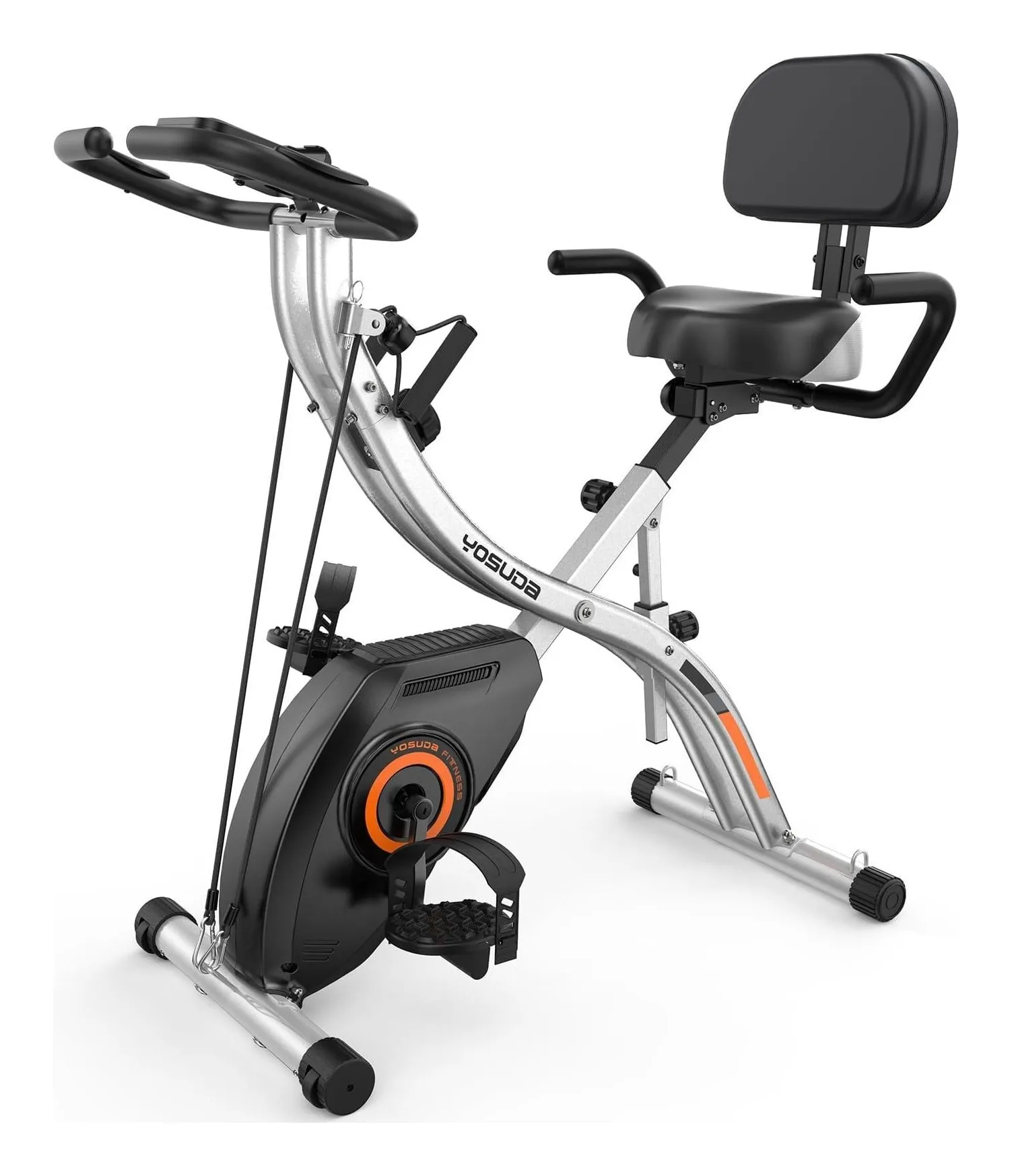 Yosuda EB4 folding exercise bike in silver and black with an LCD display and resistance bands